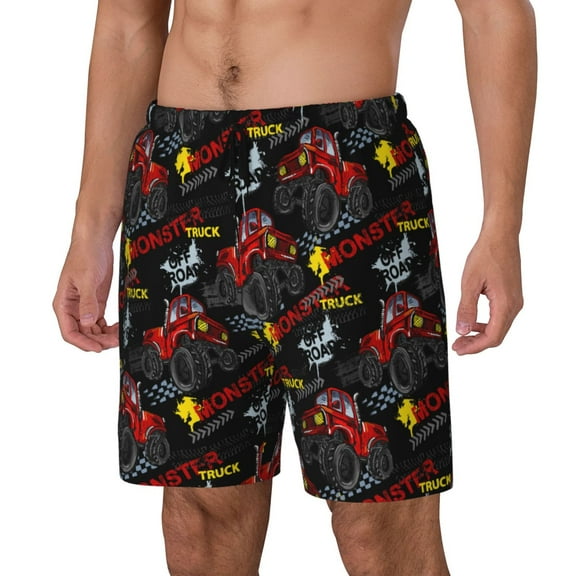Logiee Monster Truck Print Men's Swim Trunk,Quick Dry Board Shorts ,Men's Swim Trunks with Compression Liner, Bathing Suits with Pockets-Small
