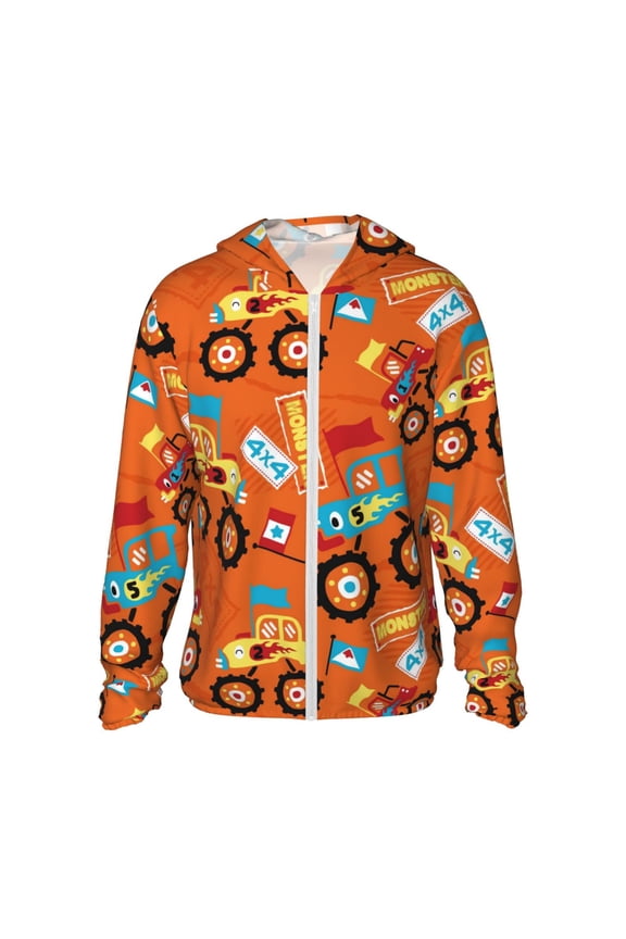 Monster Truck Print Men's Women Light Jacket Full Zip Sun Protection Hoodie Long Sleeve Sun Shirts for Men Hiking Fishing Zip Pockets-Large