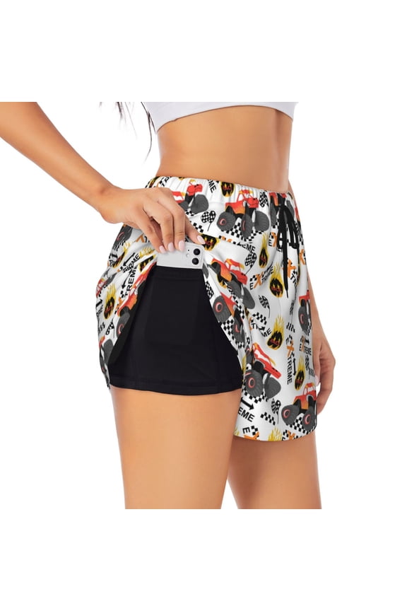 Monster truck Print Women 2 in 1 Running Shorts,High Waisted Athletic Shorts,Gym Workout Shorts with Liner Pockets-Medium