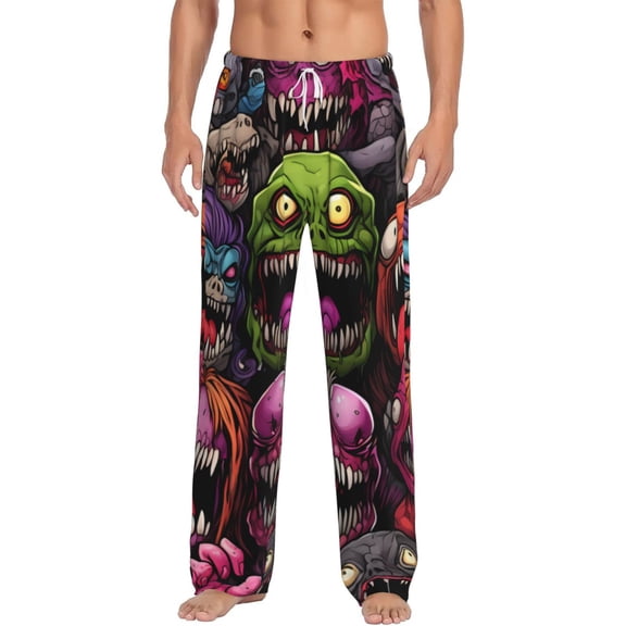 Logiee Monstrous Cartoon Characters Print Pajama Pants for Men,Men’s Pajama Bottoms,Mens PJ Pants with Pockets & Button Fly-Large