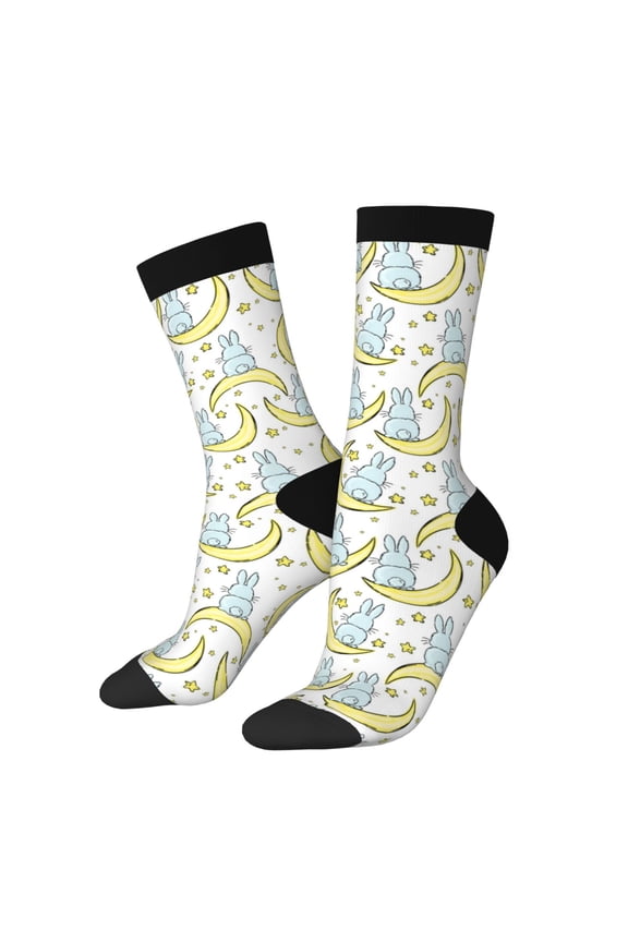 Moon And Rabbit Print Adult Socks for Men & Women,Calf Socks, Ankle Socks,Boots Socks,Breathable Casual Sock,Unisex Crew Socks