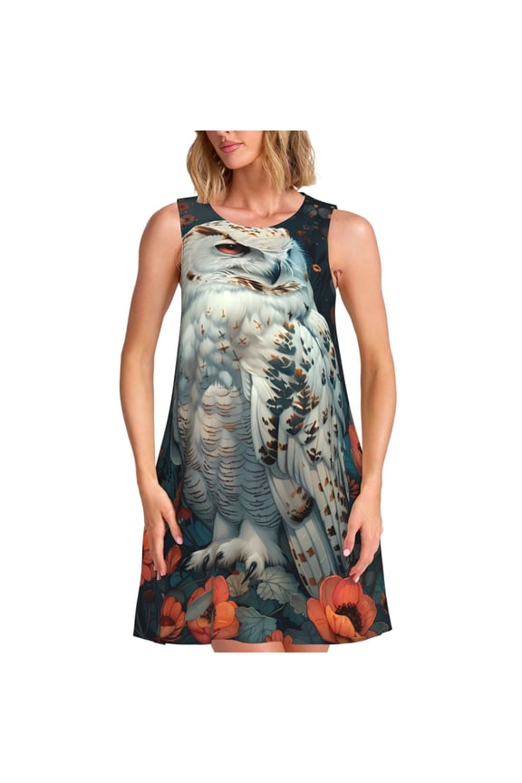 Moon Flower White Owl Print Summer Dresses for Women,Beach Sleeveless Flowy Pocket Tshirt Tank Sundresses,Women's Sleeveless Dress