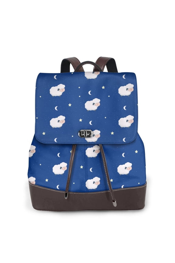 Moon Lamb Print Women's Leather Backpack,Travel Laptop Backpack,Fashion Ladies Leather Backpack Bag for Travel,Leather Drawstring Daypack for Me