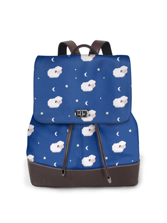 Moon Lamb Print Women's Leather Backpack,Travel Laptop Backpack,Fashion Ladies Leather Backpack Bag for Travel,Leather Drawstring Daypack for Me