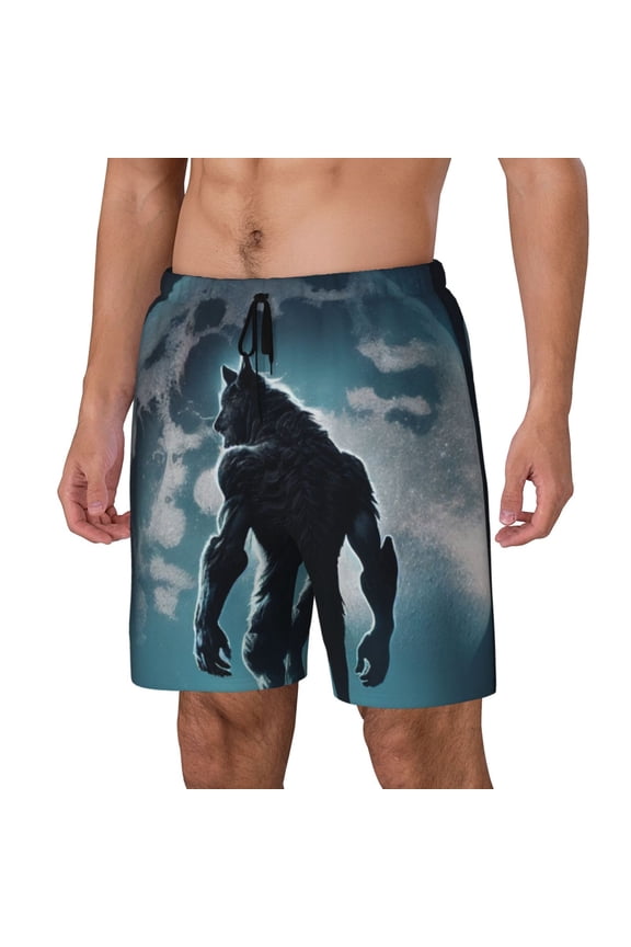 Moon Wolf Warrior Print Men's Swim Trunk,Quick Dry Board Shorts ,Men's Swim Trunks with Compression Liner, Bathing Suits with Pockets-X-Large
