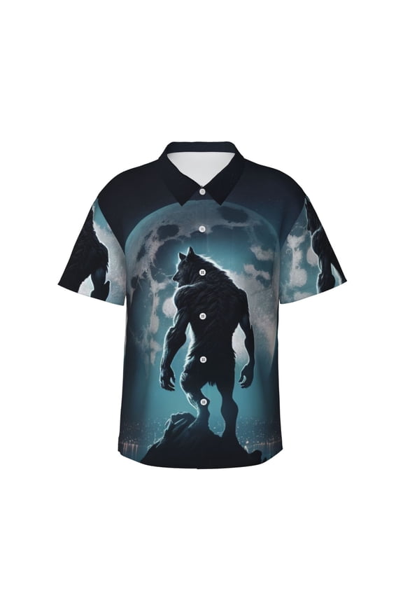 Moon Wolf Warrior Print Mens Hawaiian Shirts,Loose-Fit Short Sleeve Button Down Tropical Aloha Beach Shirt,Summer Vacation Wedding Tops,Medium