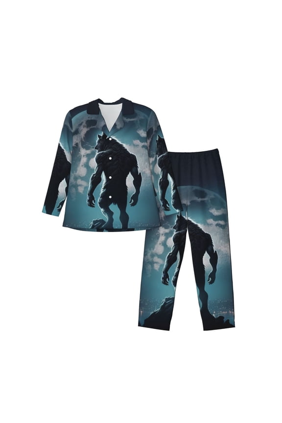 Moon Wolf Warrior Print Mens Long Sleeve Pajama Set,Notched Collar Pajamas for Men, Men's Sleepwear,Mens Sleepwear with Pockets & Button Down-XX-Large