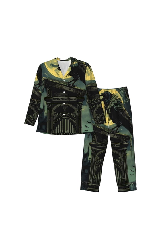 MoonNight Sky Crow Print Mens Long Sleeve Pajama Set,Notched Collar Pajamas for Men, Men's Sleepwear,Mens Sleepwear with Pockets & Button Down-XX-Large