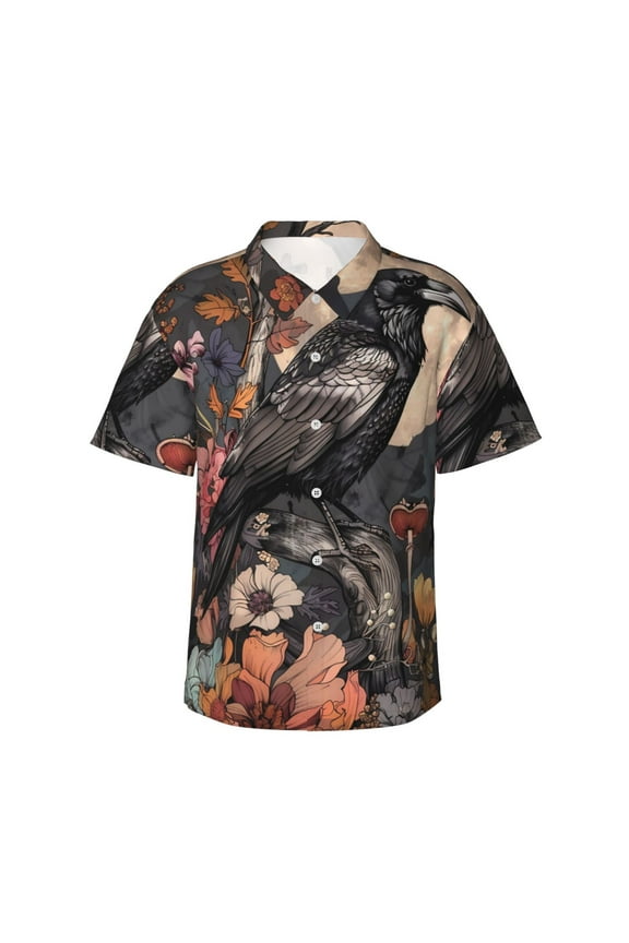 Moonlit Crow Blossoms Print Mens Hawaiian Shirts,Loose-Fit Short Sleeve Button Down Tropical Aloha Beach Shirt,Summer Vacation Wedding Tops,XX-Large