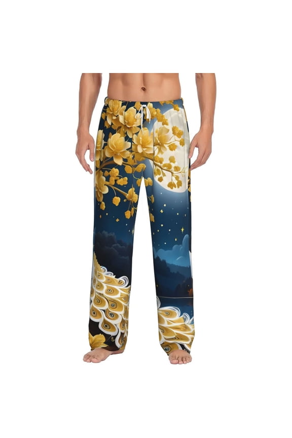 Moonlit Golden Tree Peacock Print Pajama Pants for Men,Men’s Pajama Bottoms,Mens PJ Pants with Pockets & Button Fly-Large