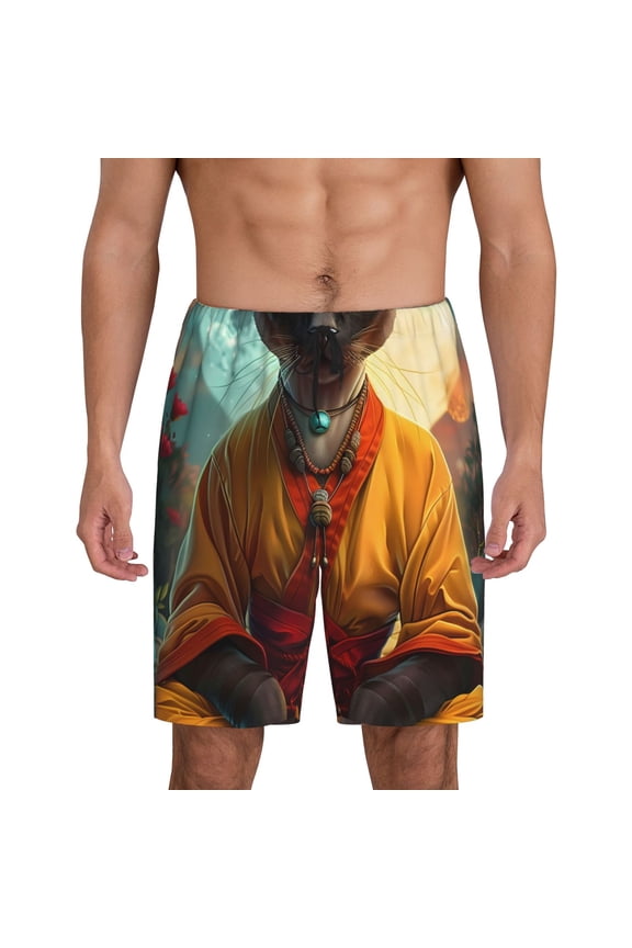 Moonlit Hairless Cat Monk Print Men's Pajama Shorts with Drawstring & Pockets,Sleep Shorts for Men,Sleepwear Bottoms,Elastic Waistband Loungewear-Large