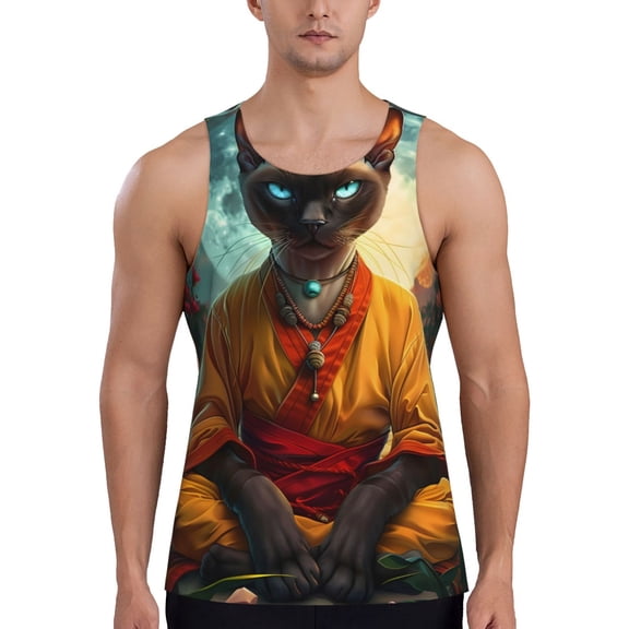 Logiee Moonlit Hairless Cat Monk Print Men's Workout Tank Top,Quick Dry Workout Tank Top,Gym Muscle Tee,Fitness Bodybuilding Sleeveless T Shirt-Large