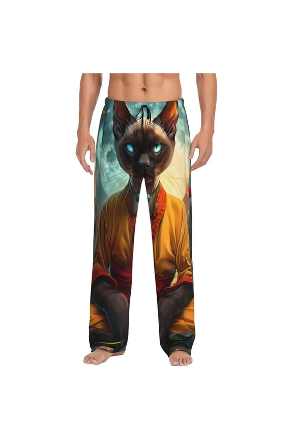 Moonlit Hairless Cat Monk Print Pajama Pants for Men,Men’s Pajama Bottoms,Mens PJ Pants with Pockets & Button Fly-
