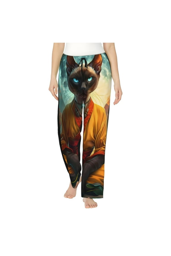 Moonlit Hairless Cat Monk Print Women Pajama Pants,Comfy Pj Bottom with Pockets & Drawstring,Stretch Casual Sleepwear-Large