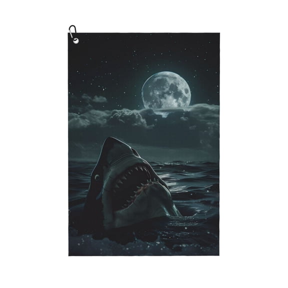 Logiee Moonlit Night Sky Shark Print Golf Towels,16" x 24" Portable Golf Towel for Golf Bag with Carabiner Clip to Quickly Remove Sand,Mud and Sweat