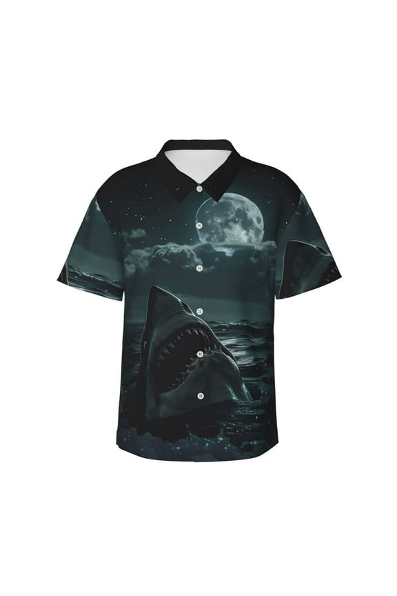 Moonlit Night Sky Shark Print Mens Hawaiian Shirts,Loose-Fit Short Sleeve Button Down Tropical Aloha Beach Shirt,Summer Vacation Wedding Tops,X-Large