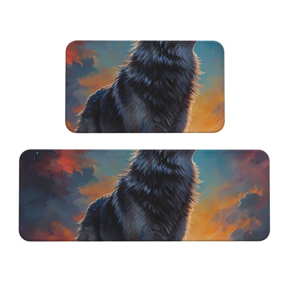 Logiee Moonlit Night Sky Wolf Print Kitchen Mats for Floor Sets of 2,Waterproof Kitchen Rugs,Non Slip Comfort Standing Mat Rug for Home,Runner,Sink,Office,Laundry