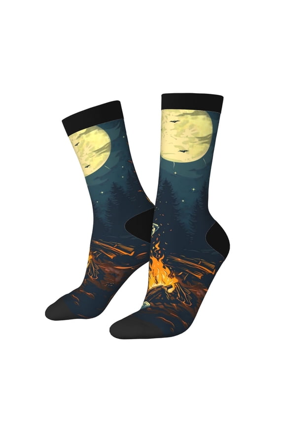 Moonlit Skeleton Campfire Print Adult Socks for Men & Women,Calf Socks, Ankle Socks,Boots Socks,Breathable Casual Sock,Unisex Crew Socks