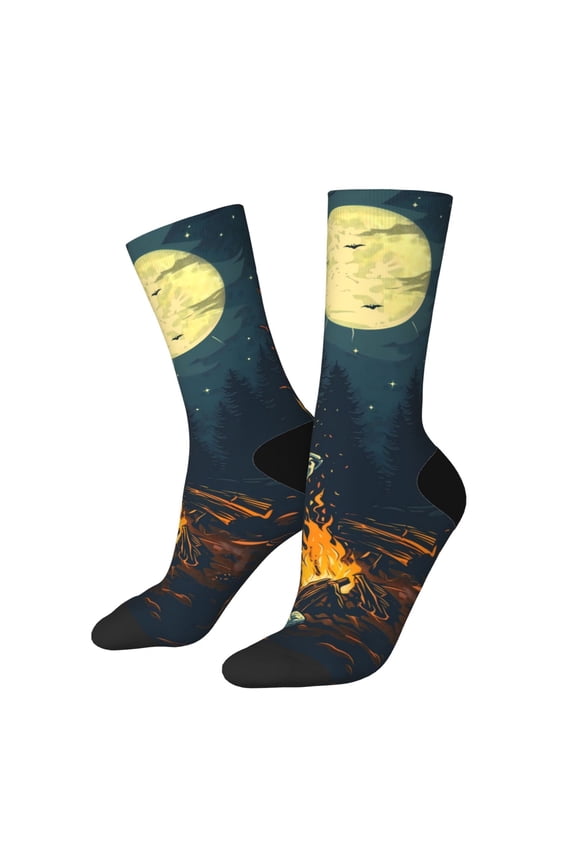Moonlit Skeleton Campfire Print Adult Socks for Men & Women,Calf Socks, Ankle Socks,Boots Socks,Breathable Casual Sock,Unisex Crew Socks