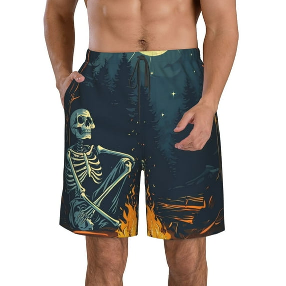 Logiee Moonlit Skeleton Campfire Print Mens Swim Trunks Quick Dry Board Shorts,Breathable Hawaii Beach Shorts Swimwear Bathing Suits-3X-Large