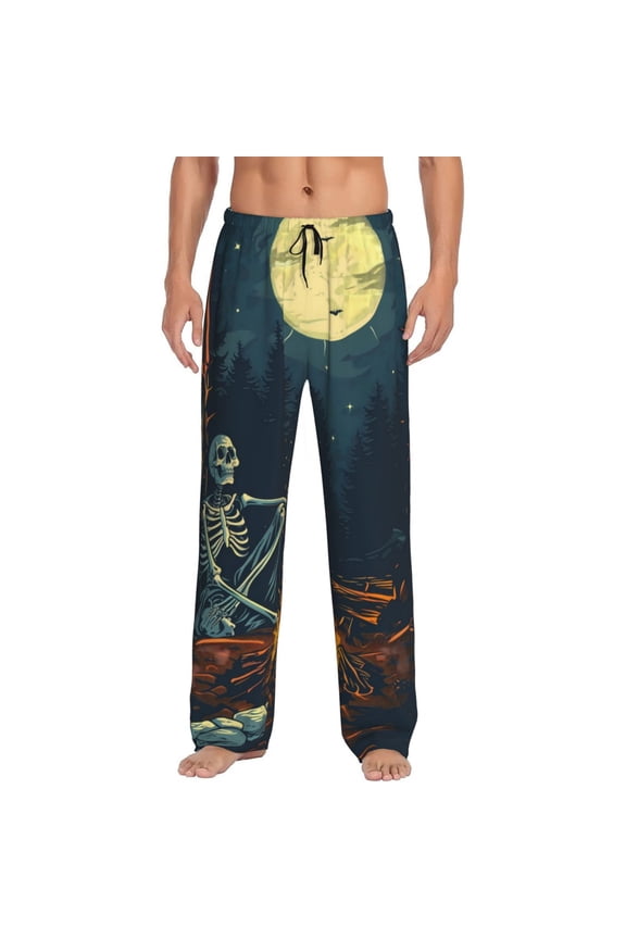 Moonlit Skeleton Campfire Print Pajama Pants for Men,Men’s Pajama Bottoms,Mens PJ Pants with Pockets & Button Fly-Medium