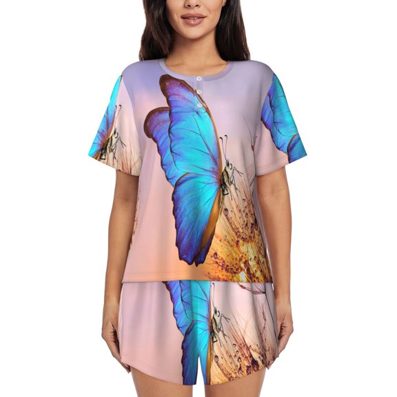 Logiee Morpho butterfly and dandelion Print Womens Pajamas Set,Short-Sleeve Pajama 2 Piece Sleepwear with Pockets-X-Large