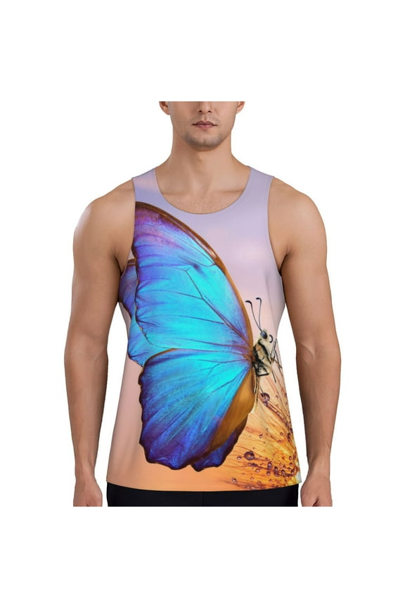 Morpho butterfly and dandelion Print Men's Workout Tank Top,Quick Dry Workout Tank Top,Gym Muscle Tee,Fitness Bodybuilding Sleeveless T Shirt-3X-Large