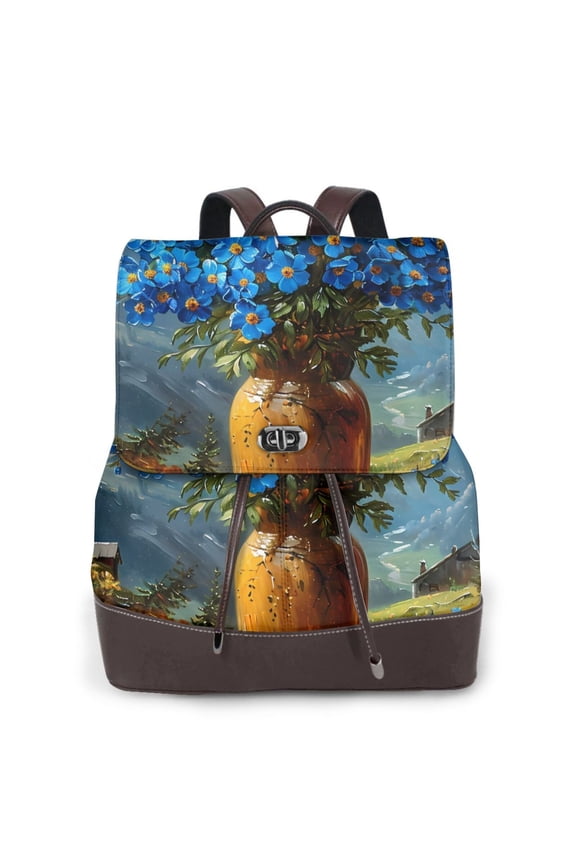 Logiee Mountain Blue Flowers Vase Print Backpack Purse for Women,Fashion Leather Backpack Purse,Women's Leather Backpack for Work College Travel