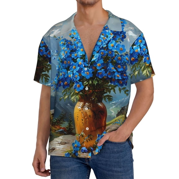 Logiee Mountain Blue Flowers Vase Print Men's Button Down Shirts Short Sleeve, Summer Beach Shirts,Vacation Wedding Shirts,Men's Casual Button-Down Shirts with Pocket-3X-Large