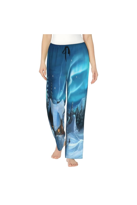 Mountain Cottage In Snow Print Women Pajama Pants,Comfy Pj Bottom with Pockets & Drawstring,Stretch Casual Sleepwear-Large
