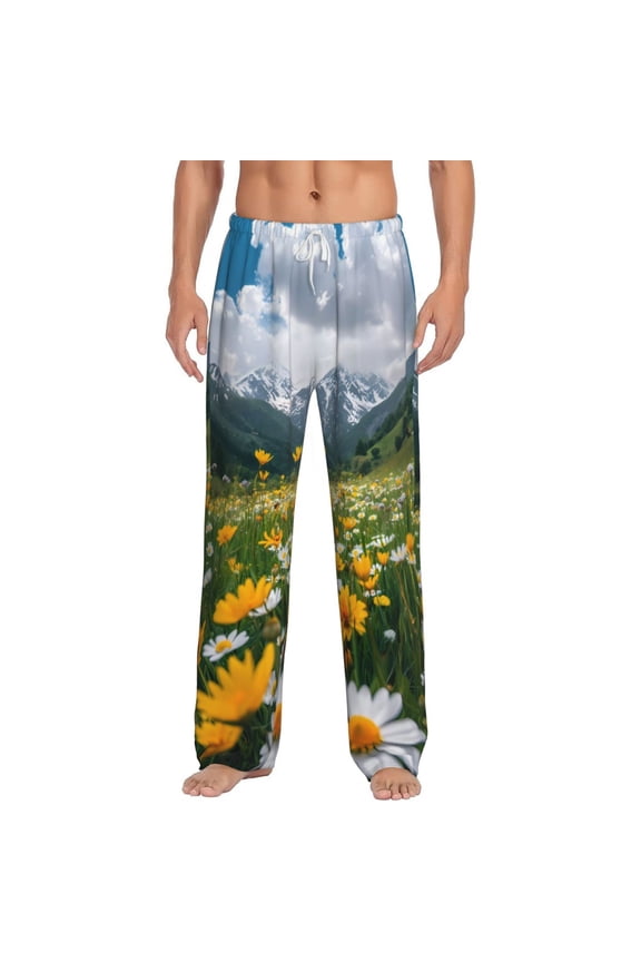 Mountain Daisy Meadow Print Pajama Pants for Men,Men’s Pajama Bottoms,Mens PJ Pants with Pockets & Button Fly-Large