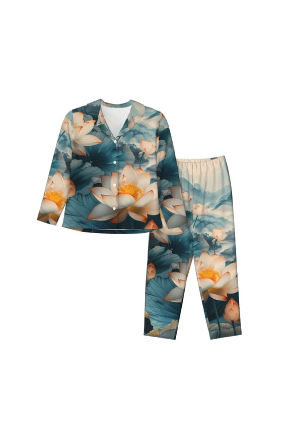 Mountain Lotus Serenity Print Womens Pajamas Set,Long Sleeve Sleepwear,Button Down Lounge Set 2 Pieces,Soft Nightwear Pjs Set-Medium