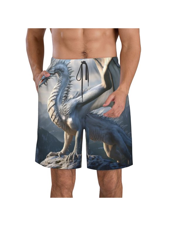 Mountain White Dragon Print Mens Swim Trunks Quick Dry Board Shorts,Breathable Hawaii Beach Shorts Swimwear Bathing Suits-X-Large