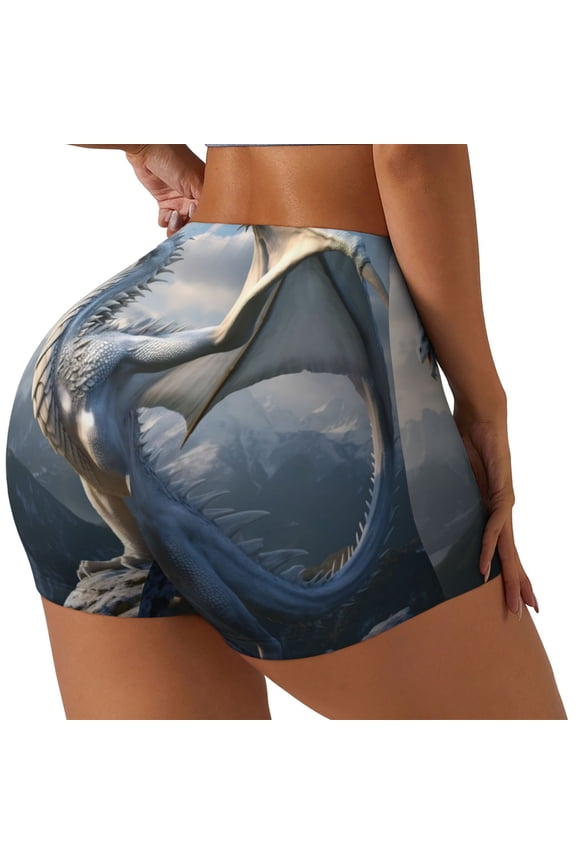 Mountain White Dragon Print Women's Biker Shorts,Workout Gym Shorts,Scrunch Shorts,Tummy Control Hidden Scrunch Running Yoga Shorts-X-Large