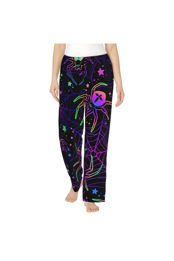 Multi-colored Spiders Print Women Pajama Pants,Comfy Pj Bottom with Pockets & Drawstring,Stretch Casual Sleepwear-Large