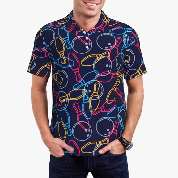 Logiee Multicolor Bowling Print Mens Polo Shirts,Mens Golf Polo Shirts,Short Sleeve Casual Polo Shirts for Men,Summer Fashion Beach Shirts-Medium