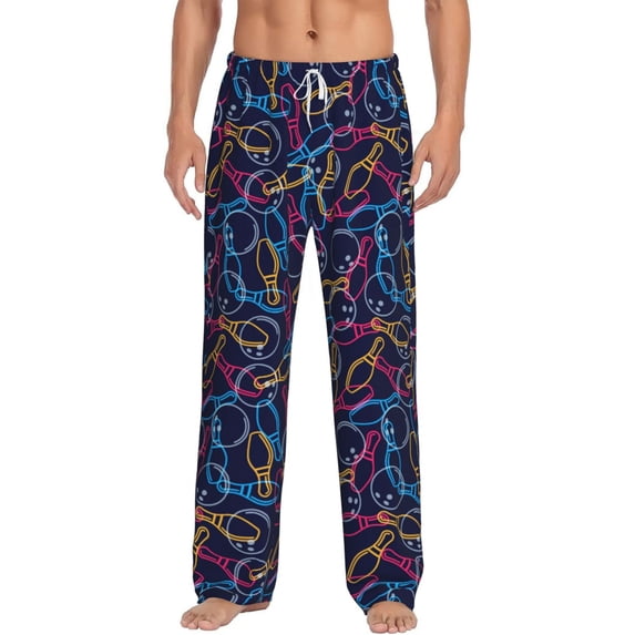 Logiee Multicolor Bowling Print Pajama Pants for Men,Men’s Pajama Bottoms,Mens PJ Pants with Pockets & Button Fly-Large