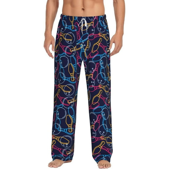 Logiee Multicolor Bowling Print Pajama Pants for Men,Men’s Pajama Bottoms,Mens PJ Pants with Pockets & Button Fly-X-Large