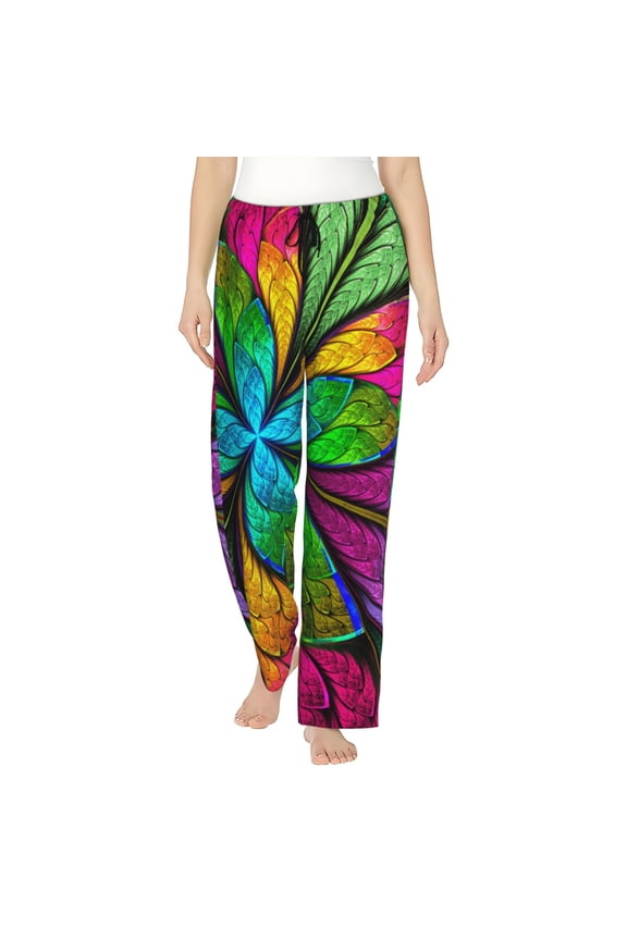 Multicolored Beautiful Flower Print Women Pajama Pants,Comfy Pj Bottom with Pockets & Drawstring,Stretch Casual Sleepwear-Large