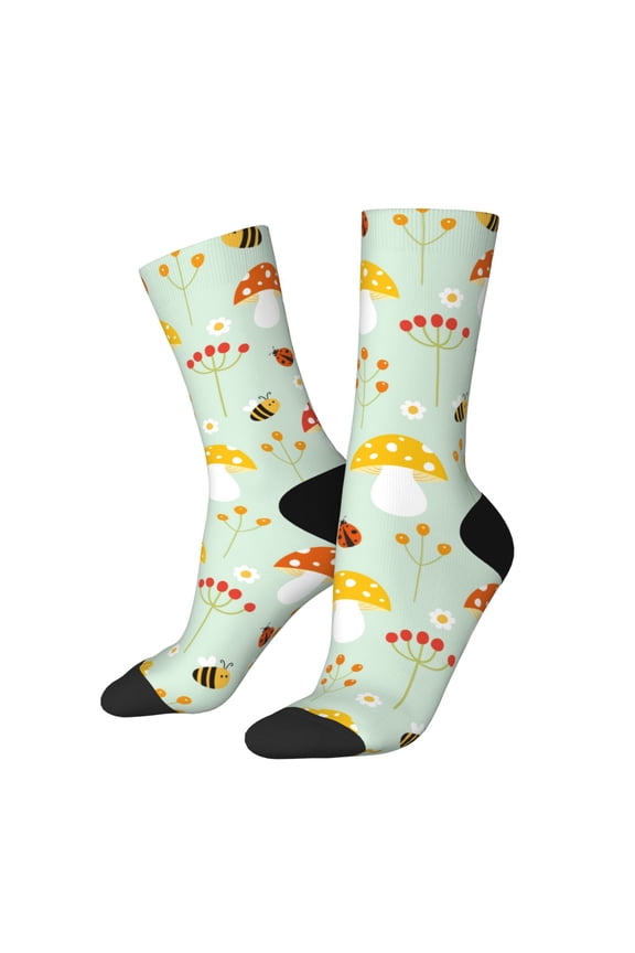 Mushroom Bee Print Adult Socks for Men & Women,Calf Socks, Ankle Socks,Boots Socks,Breathable Casual Sock,Unisex Crew Socks