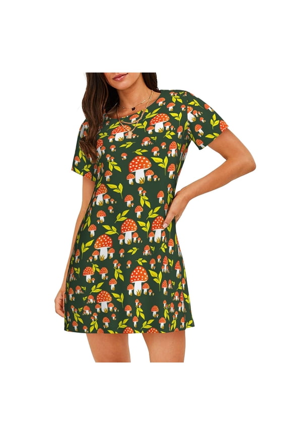 Mushroom Leaf Print Nightgowns for Women,Soft Short-Sleeved Lightweight Sleepwear, Loose Sleepshirts