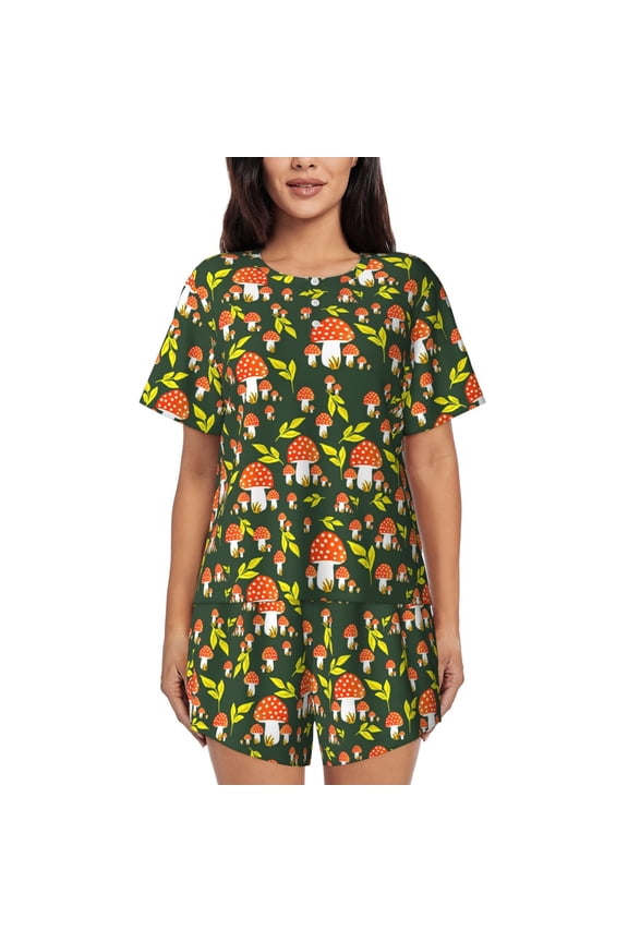 Mushroom Leaf Print Womens Pajamas Set,Short-Sleeve Pajama 2 Piece Sleepwear with Pockets-Small