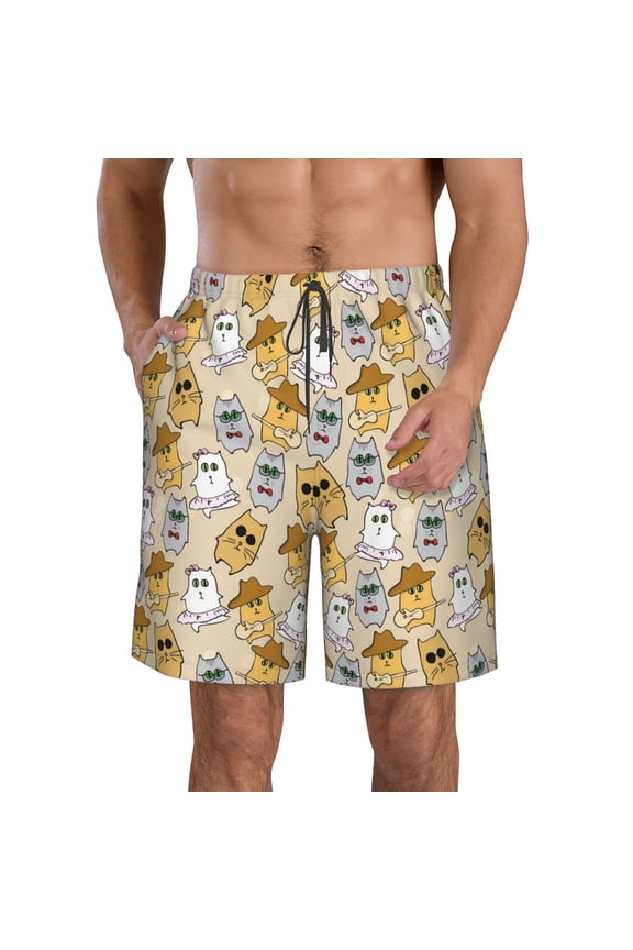 Music Dancing Cat Print Mens Swim Trunks Quick Dry Board Shorts,Breathable Hawaii Beach Shorts Swimwear Bathing Suits-Medium