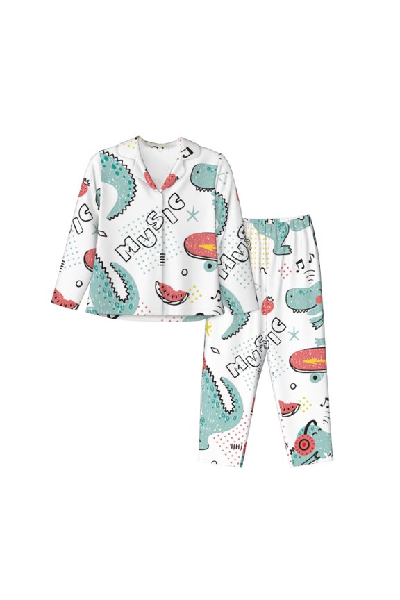 Music Lover Dinosaur Print Womens Pajamas Set,Long Sleeve Sleepwear,Button Down Lounge Set 2 Pieces,Soft Nightwear Pjs Set-Large