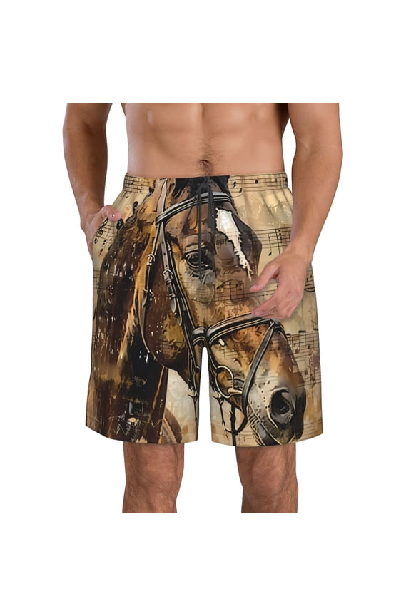 Musical Horse Vintage Collage Print Mens Swim Trunks Quick Dry Board Shorts,Breathable Hawaii Beach Shorts Swimwear Bathing Suits-XX-Large