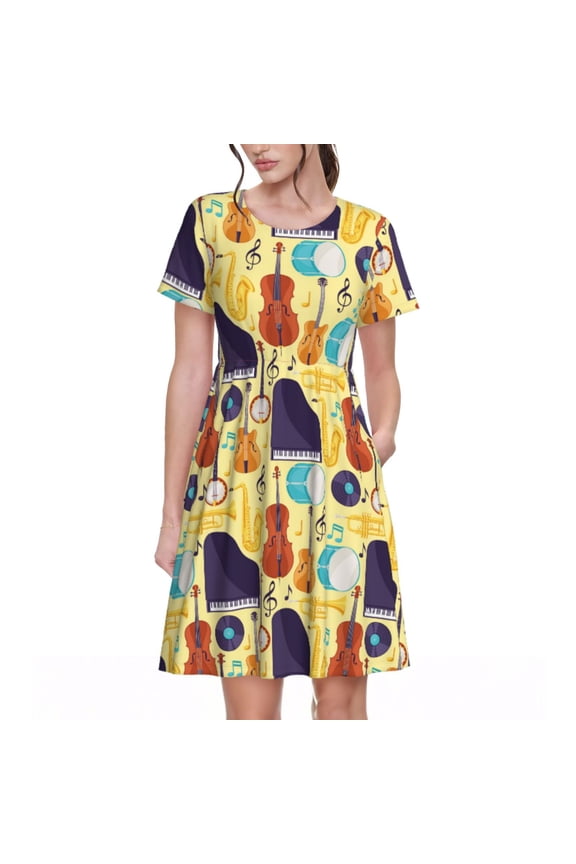 Musical Instruments Print Womens Summer Dress,Casual Short Sleeve Sundresses,Beach A-line Shift Dress with Pockets