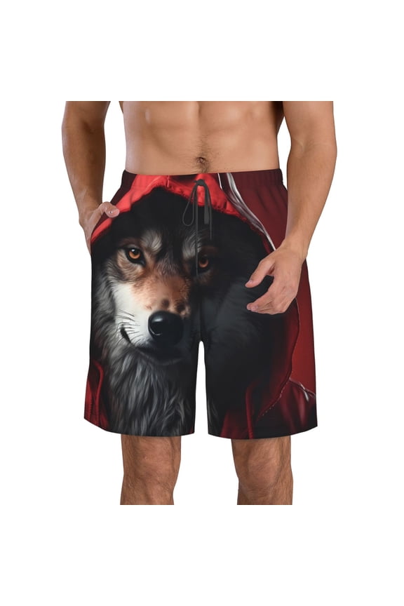 Mysterious Hooded Wolf Print Mens Swim Trunks Quick Dry Board Shorts,Breathable Hawaii Beach Shorts Swimwear Bathing Suits-Medium