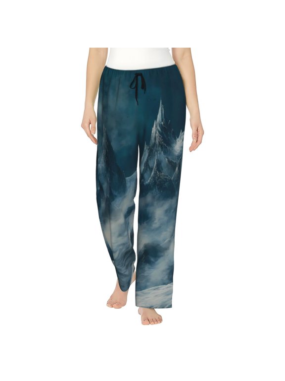 Mysterious Moonlit Mountains Print Women Pajama Pants,Comfy Pj Bottom with Pockets & Drawstring,Stretch Casual Sleepwear-Large