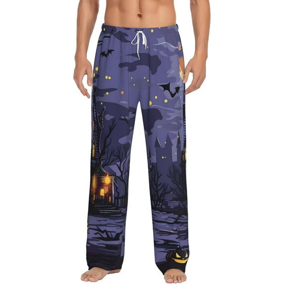 Logiee Mystery House Halloween Night Print Pajama Pants for Men,Men’s Pajama Bottoms,Mens PJ Pants with Pockets & Button Fly-Small