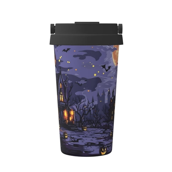 Logiee Mystery House Halloween Night Print Stainless Steel Coffee Tumbler, Travel Coffee Mug, Insulated Coffee Mug with Lid, Spill Proof Coffee Cup, Portable Thermal Mug